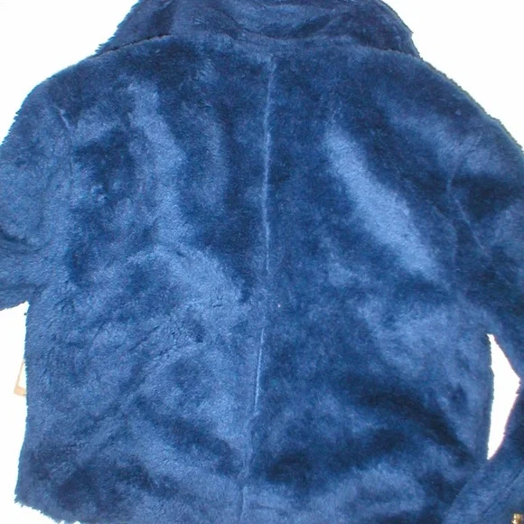 True Religion Faux Fur Moto Jacket S Dark Navy Blue Gold Women’s Sz XS NWOT - Picture 4 of 11
